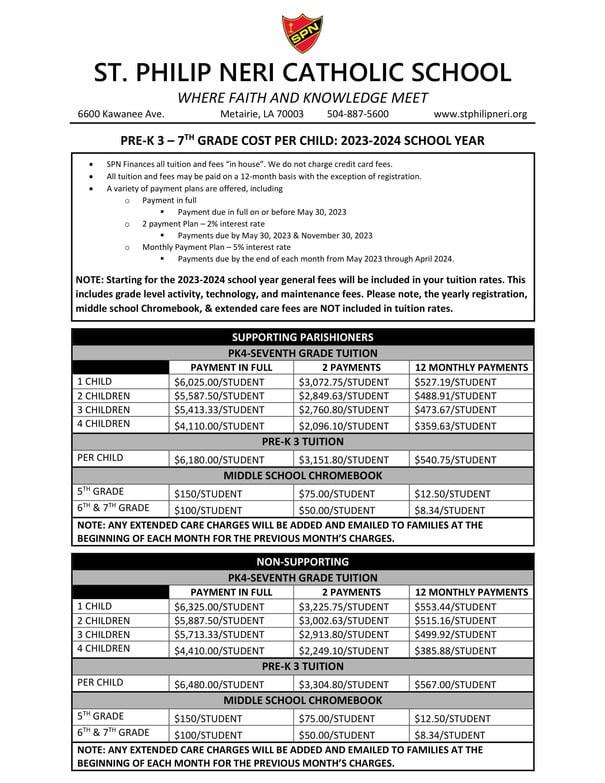 Tuition and Fees St. Philip Neri Catholic School Metairie, LA